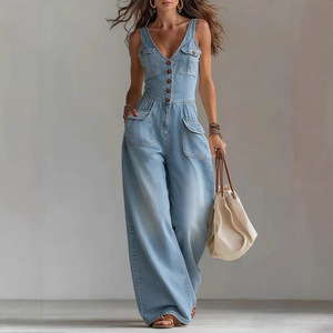 <span class=keywords><strong>Combinaison</strong></span> en <span class=keywords><strong>jean</strong></span> délavé style sexy, taille ajustée, coupe droite, sans manches, printemps - Product Image 4