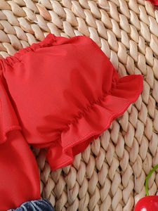 Bébé fille ensemble de vêtements 2 pièces nouveau <span class=keywords><strong>style</strong></span> prix inférieur suspendu lanterne manches brodé Denim Shorts filles ensemble pour l'été