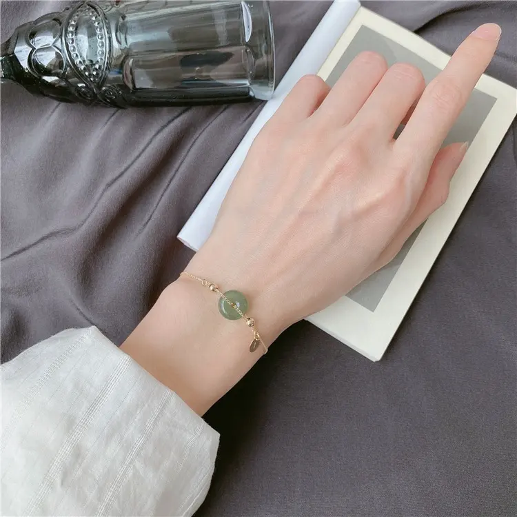Trendy 14K Gold Chinese Fu Character Donut Fortune Aesthetic Circle Coin Bangles Good Luck Green Natural Jadeite Jade Bracelet