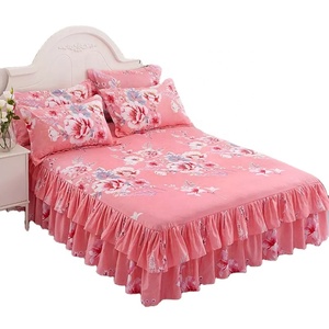 Floral Printed <strong>Double</strong> Layer <strong>Bedspread</strong> with Bilateral Skirt &amp; 2 Pillowcases Elegant Bed Sheets for Bedroom Decor - Product Image 1