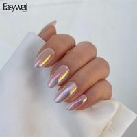 Faux ongles holographiques irisés Easywell, 30 pièces, courts, en forme d'amande, brillants, en gel acrylique souple, réutilisables, de luxe, à presser, pour femmes