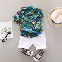Tenue d'été de style coréen pour garçons, ensemble chemise en coton à imprimé floral et animaux, haut à manches courtes à col + pantalon court blanc