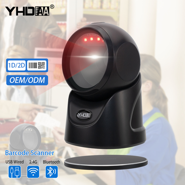 Manufacturer Direct Sales Wireless Charging Bluetooth Barcode Reader 2D CMOS Sensor Omnidirectional Desktop Barcode Scanner