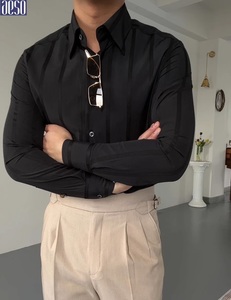 <span class=keywords><strong>Chemise</strong></span> <span class=keywords><strong>homme</strong></span> coupe ajustée à col intégré, manches longues, style italien, en coton mélangé avec gaze de mousse, infroissable, pour affaires - Product Image 4