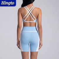 Ensemble de yoga pour femme avec logo personnalisé, soutien-gorge de sport à bretelles croisées et décolleté en V profond, short taille haute color block, ensemble 2 pièces pour la gym et le fitness