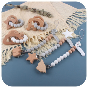 2 adet/takım ahşap silikon bebek diş kaşıyıcı diş çıkarma bilezik emzik tutucu klip silikon boncuk bebek kukla zinciri - Product Image 3