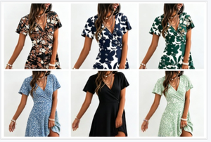 Vestidos de verano con cintura fruncida y diseño cruzado para adultos, colores y estampados surtidos, envío de paquete aleatorio. - Product Image 4