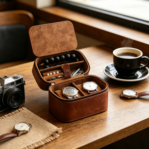 Étui de voyage vintage en cuir marron pour montres, double compartiment, boîte à bijoux portable pour bagues, colliers et bracelets de perles - Product Image 4