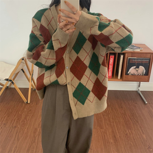 Cardigan coréen d'hiver ample pull manteau diamant <span class=keywords><strong>Plaid</strong></span> chemise à manches longues tricoté Cardigan épais femmes - Product Image 1