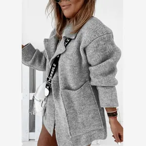 Factory Price street suit collar large pocket loose knit cardigan sweater women coat