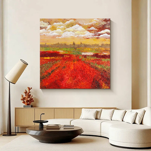 Peinture à l'huile sur toile texturée, paysage moderne peint à la main, coucher de soleil, champ de <span class=keywords><strong>fleurs</strong></span> rouges, Impasto, art mural, décoration d'intérieur haut de gamme - Product Image 5