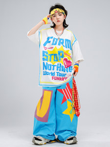 Costume de <span class=keywords><strong>danse</strong></span> Hip Hop pour enfants, pantalon ample bleu vibrant, t-shirt surdimensionné blanc avec motif étoiles, tenue de scène - Product Image 3