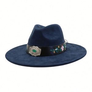 New Arrival National Style Suede Fedora Hat Flat Wide Brim with Embroidery <b>Patch</b> Design Casual Fashion Colorful Suede Jazz Hat - Product Image 6