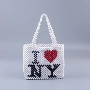 InsファッションホワイトハンドメイドビーズバッグILove NEW YORK Letter Bulk Bag for Woman Shoulder Messenger Bag