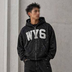Sweat à capuche zippé pour homme, coupe ample, en coton molletonné, style streetwear Y2K grunge, avec appliqué strass, vente en gros personnalisée - Product Image 3
