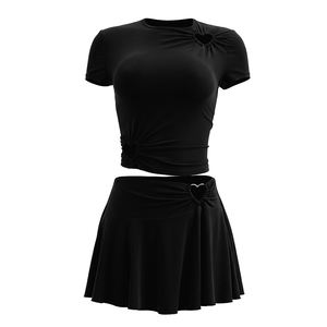 Viviblook Q26ST030 Ensemble d'été pour femmes, nouveau top court sexy à manches courtes, coupe ajustée, jupe mini à découpes en forme de cœur, ensemble deux pièces - Product Image 5