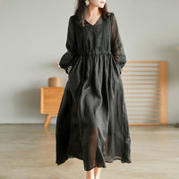 Robe longue Muguyu à manches classiques, style Normcore/Minimaliste, avec ceinture, col en V, en coton et lin, coupe ample, couleur unie, pour l'été