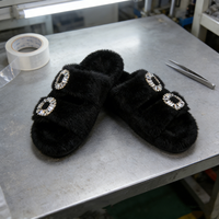 Pantuflas de Plataforma con Peluche Sintético de Conejo para Mujer, con Logotipo Personalizado, Doble Correa y Hebillas con Cristales de Imitación