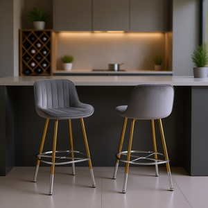 Taburetes de bar de 26 pulgadas, tela de terciopelo, patas doradas, reposapiés cromado, muebles de bar modernos y contemporáneos para el hogar, juego de 2, gris - Product Image 2