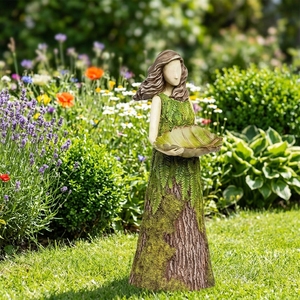 Garden Girl Bird Feeder Figurine <strong>Resin</strong> Tree Stump Statue with Seed Tray for Outdoor <strong>Backyard</strong> Decor Art - Product Image 1