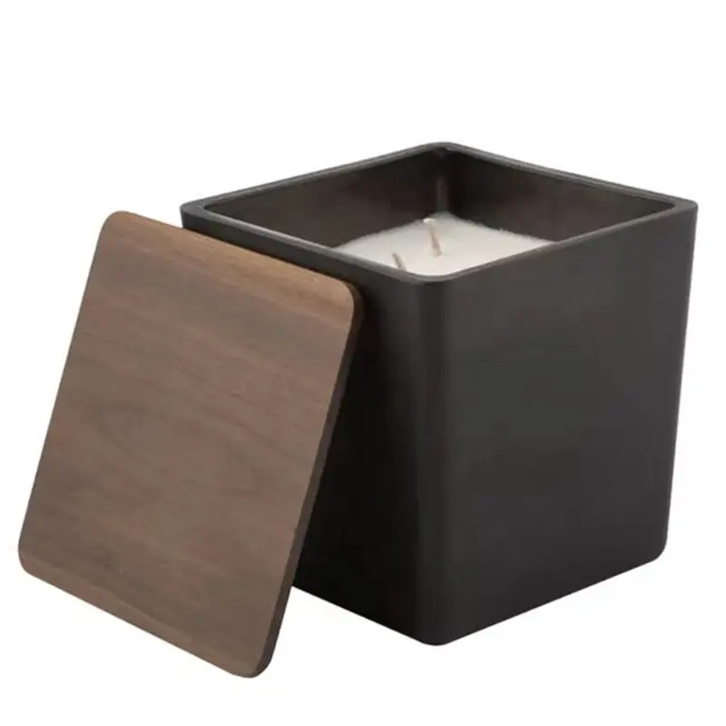 Vela cuadrada de vidrio negro con tapa de madera, contenedor de vela, venta al por mayor