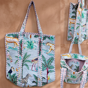 Serene Blue Fashion Animal Print Cotton Quilted <b>Tote</b> <b>Bag</b> Zipper Closure Rope Handle-Sustainable Safari Inspired Shopping <b>Bag</b> - Product Image 2