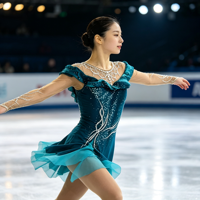 Robe de patinage artistique bleu sarcelle avec strass et maille, manches longues, pour enfants et adultes, idéale pour les compétitions sur glace et les spectacles.