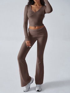 Nouvel ensemble 2 pièces côtelé pour <span class=keywords><strong>femme</strong></span> : haut court à manches longues et pantalon évasé taille haute – Tenue décontractée et confortable - Product Image 2