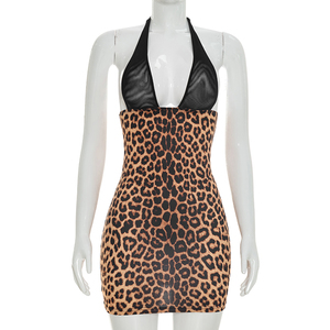 Robe moulante mini sexy sans manches à imprimé léopard et bretelles halter pour femme Viviblook D26DS170 - Product Image 2