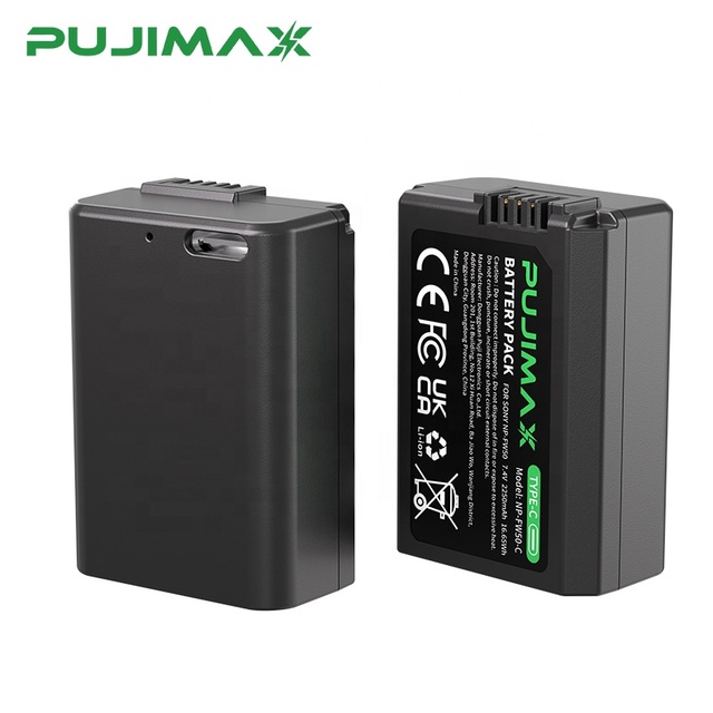 PUJIMAX 2 Pcs NP-FW50 USB-C Rechargeable Camera Battery Pack for Sony A6000 A6100 A6300 A6400 A6500 A3000 A3500 7.4V 2250mAh