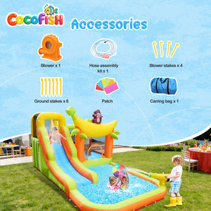Structure gonflable combinée Cocofish sur le thème des singes et des bananes avec toboggan aquatique, piscine et canon à eau pour enfants - Product Image 4