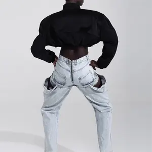 Avrupa ve amerikan kişiselleştirilmiş deconstructed ekleme düz jean bayanlar rahat denim kot pantolon oymak