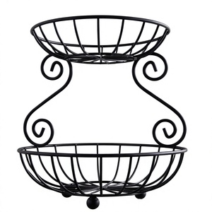 2-Tier <b>Black</b> Metal <b>Wire</b> Fruit Storage <b>Basket</b> with Scroll Accents Countertop Vegetable Organizer Stand - Product Image 1