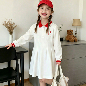 <span class=keywords><strong>Robe</strong></span> décontractée blanche à manches longues pour petites filles, style preppy, col polo rouge, imprimé nœud, vêtements pour tout-petits, livraison rapide - Product Image 1