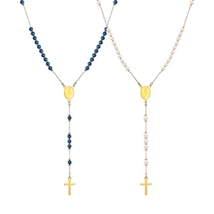 Vnox Gold Stainless Steel Holy Mary Cross Blue Cut Imitation Pearl Beaded Necklace Jewelry For Women