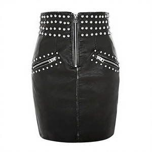 <b>Black</b> Studded Straight Mini <b>Skirt</b> Women Genuine <b>Leather</b> <b>Look</b> Formal Rhinestone Waistband All Seasons Streetwear - Product Image 1