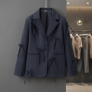 Women's Navy Bowknot <b>Blazer</b> Jacket Solid Color Single Breasted Woven Suit Casual Office Wear - Product Image 3