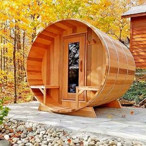 Sala de sauna al aire libre en forma de barril de fabricación china con ventanas panorámicas de vidrio, con paneles de sauna de cedro y cicuta de 1,8 metros. - Product Image 3