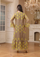 Robe maxi respirante en polyester de style arabe marocain pour femmes - Jalabiya koweïtienne Abaya à manches longues jaune décontractée pour fête de l'Aïd