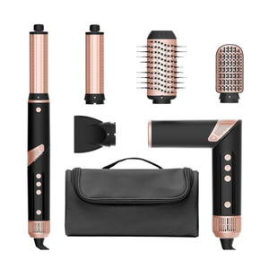 Set Profesional de Peinado Plegable 5 en 1 - Cepillo de Aire Caliente, Rizador, Secador de Pelo, Negro Mate y Oro Rosa, Kit de Salón - Product Image 1