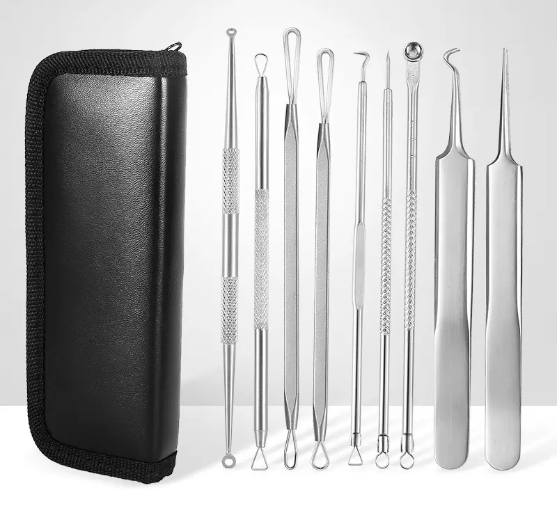 9 Pieces/Set Acne Needle Blemish Comedones Extractor Blackhead Remover Pimple Tweezer Tool Kit