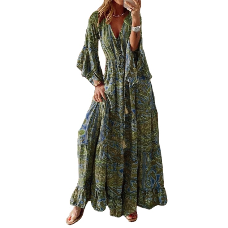 HANO New Summer Women's Long V Neck Bohemian Style Flared Sleeve Printed  High Waist Vacation Casual Loose Dresses| Alibaba.com