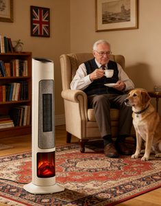 เครื่องทำความร้อนแบบทาวเวอร์ PTC ได้รับ<span class=keywords><strong>การ</strong></span>รับรองมาตรฐาน CE ของสหภาพยุโรป แรงดันไฟฟ้า 220-240V พร้อมเอฟเฟกต์เปลวไฟ รีโมทคอนโทรล และระบบส่ายได้ เหมาะสำหรับห้องนั่งเล่นและสำนักงาน - Product Image 1