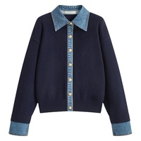 Cardigan long en maille pour femme, col rabattu, patchwork en denim polyester/nylon respirant, bouton unique, collection automne