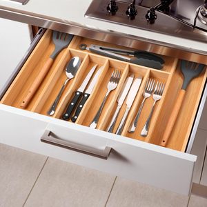 Bamboo Drawer Organizer Extendable Multi Compartment <b>Kitchen</b> <b>Storage</b> <b>Box</b> For Utensils Classification - Product Image 1