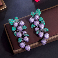 Boucles d'oreilles pendantes longues pour femme, motif grappe de raisin et feuille, en micro-pavé de zircon cubique violet et vert, pour mariage et soirée