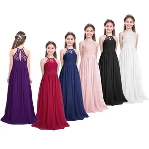 Lace Chiffon Sleeveless Halter Flower Girls Long Dresses Princess Pageant Wedding Bridesmaid Birthday Party Dress