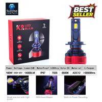Phares LED de voiture SunRise K2 H7 12V/24V 160W 14000LM 6500K IP67 étanches, tubes en cuivre, Canbus Plug and Play, ajustement universel