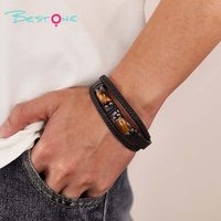 Bracelet en cuir noir classique vintage avec perles en pierre naturelle et fermoir magnétique en acier inoxydable pour anniversaire