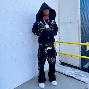 Custom <b>Y2k</b> Rhinestone Flare Sweatpants And Hoodie Two-piece Set Factory Direct Supply Double Waist Baggy Stacked <b>Pants</b> Tracksuit - Product Image 2